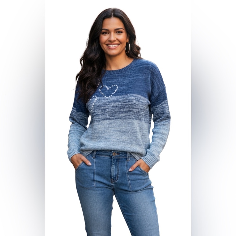 NEW Indigo Thread Co Heart Stitch Crew Neck Sweater Casual Sizes Large & XL